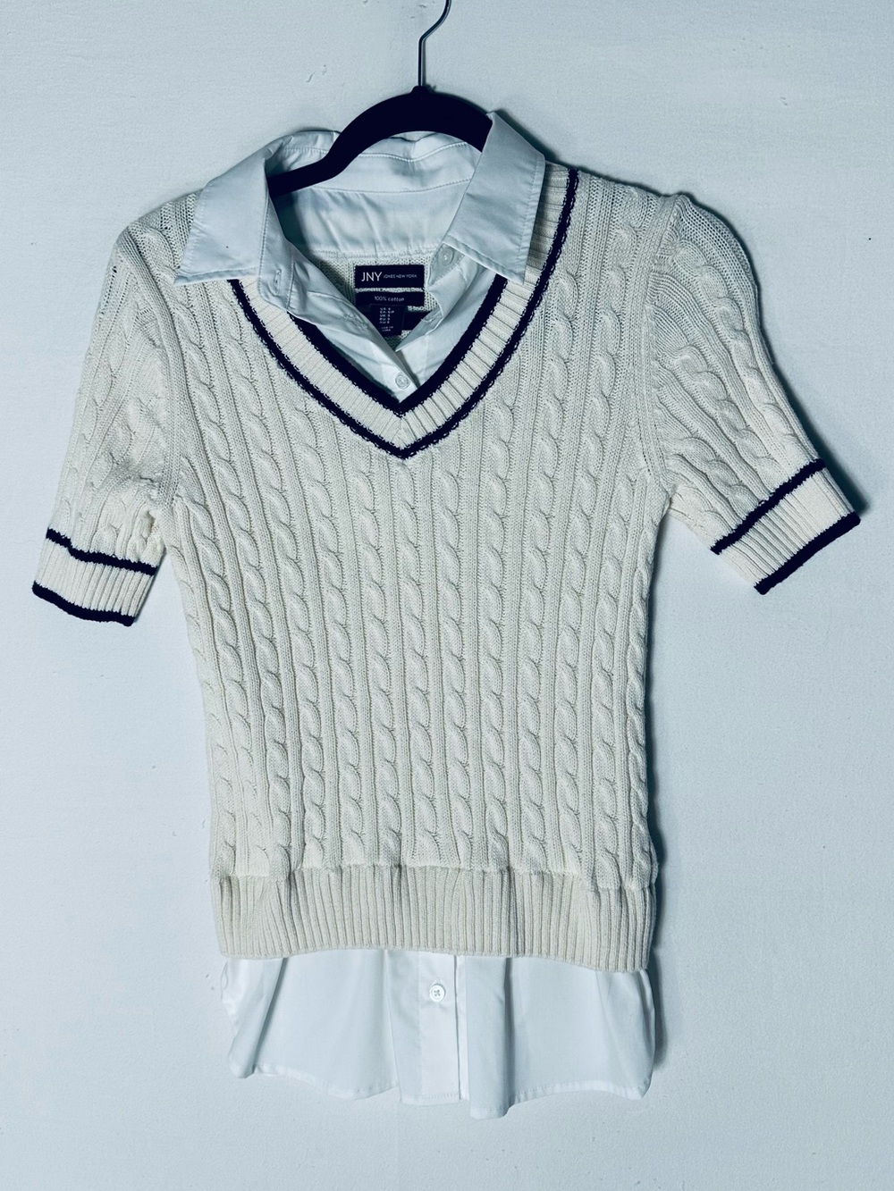 Vintage Jones New York Cream Cable Knit Short Sleeve Layered Button Up Shirt S